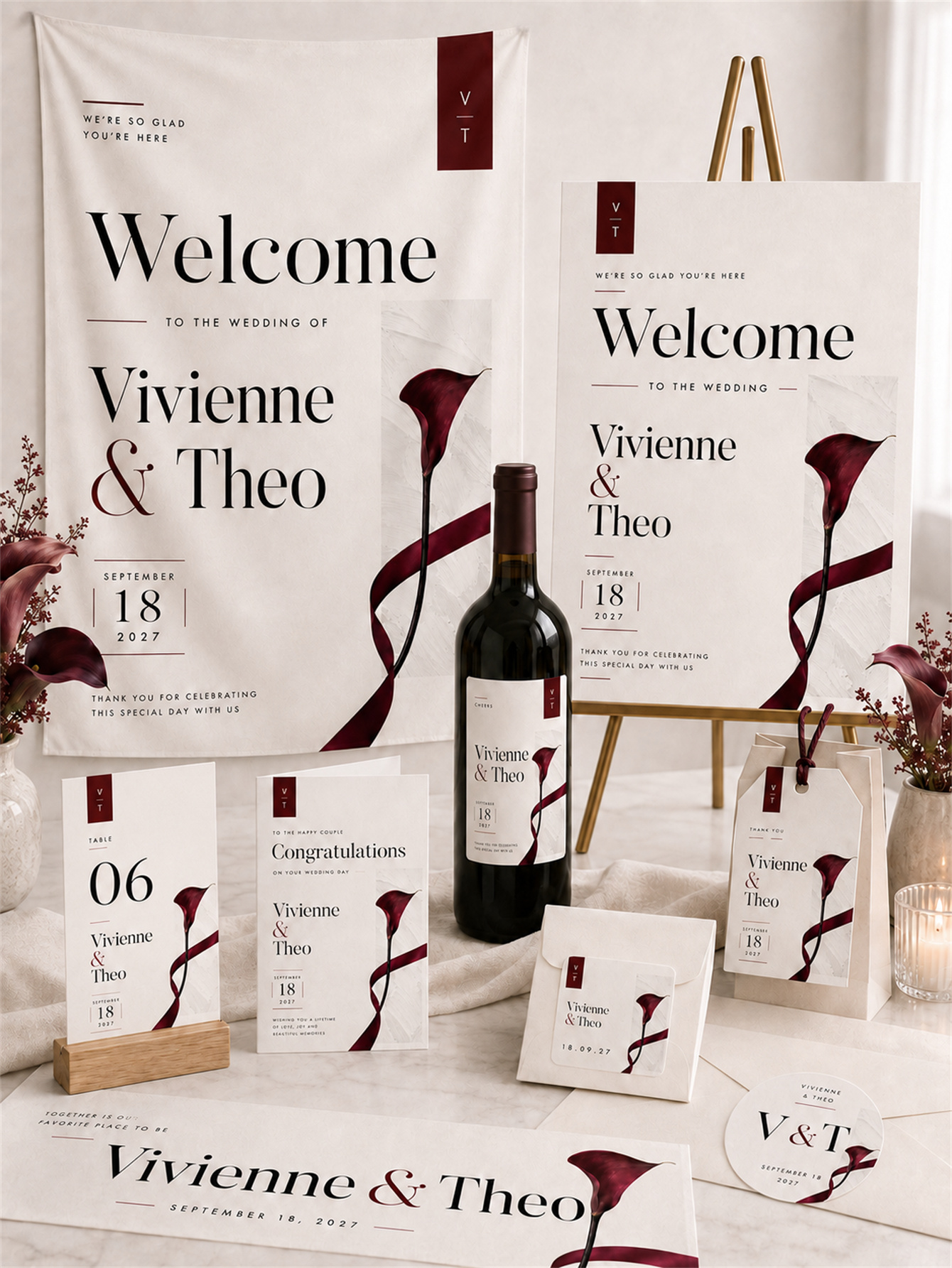 Elegant Custom wedding Set - Wine Red Carnation Wedding Series, suitable for ceremony and banquet decoration